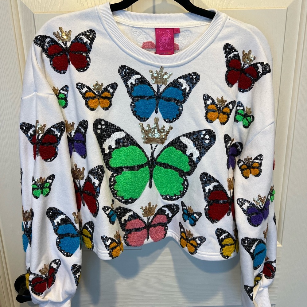 Queen of Sparkles FLUTTERING DREAMS MULTI-COLORED SEQUIN BUTTERFLY SWEATSHIRT